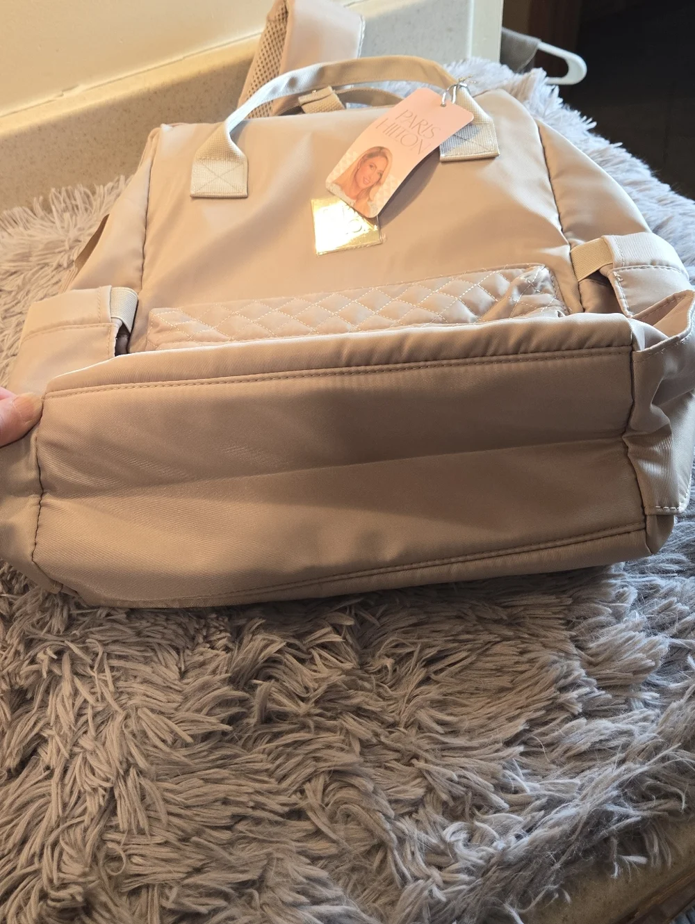 Paris Hilton Quilted Backpack Travel Laptop Bag - Beige NWT